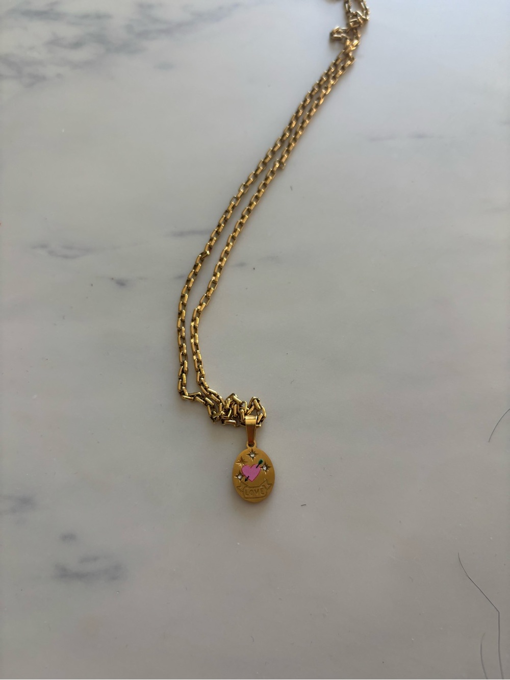 Gold Heart 'Love' Charm Necklace with Pink Enamel and Rhinestones